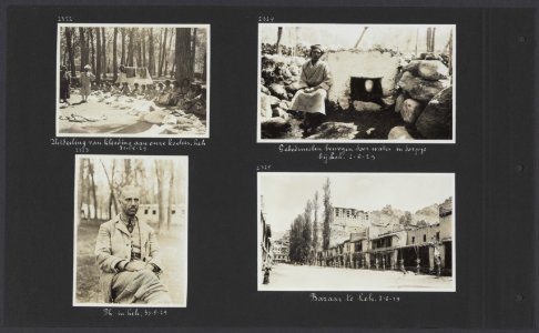 Albumblad met vier fotos. Linksboven het uitdelen van kleding aan de koelies i, Bestanddeelnr 32 068