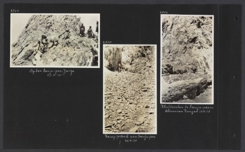 Albumblad met drie fotos. Links een deel van de expeditie op de Sanju-pas (met, Bestanddeelnr 34 26
