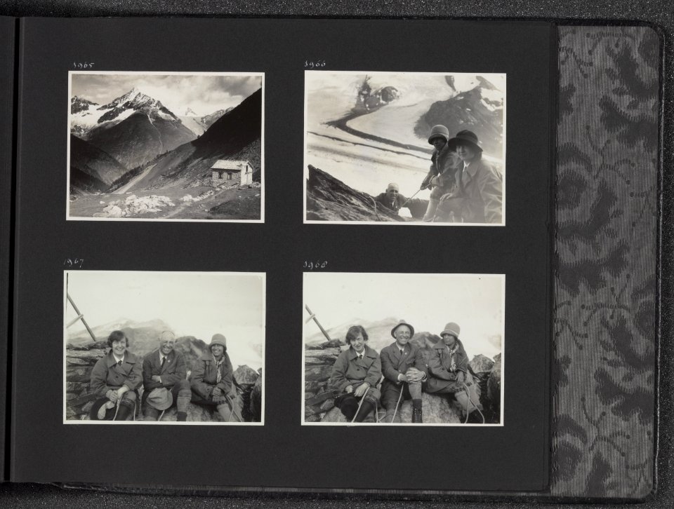 Albumblad met vier fotos. Linksboven Täschalp boven Täsch met zicht op de Weis, Bestanddeelnr 30 83