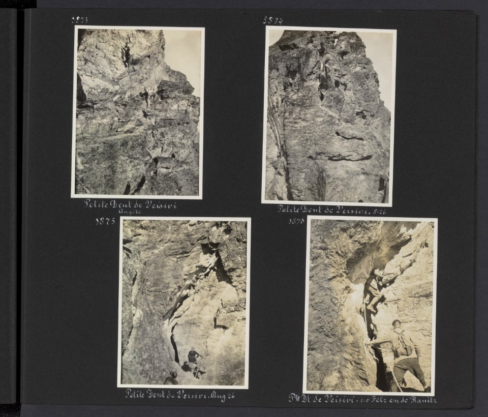 Albumblad met vier fotos. Linksboven rotsklimmen op de Petit Dent de Veisivi. , Bestanddeelnr 30 37