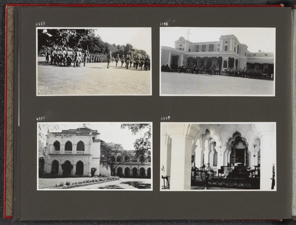Albumblad met vier fotos. Linksboven militaire parade. Rechtsboven militaire , Bestanddeelnr 40 20