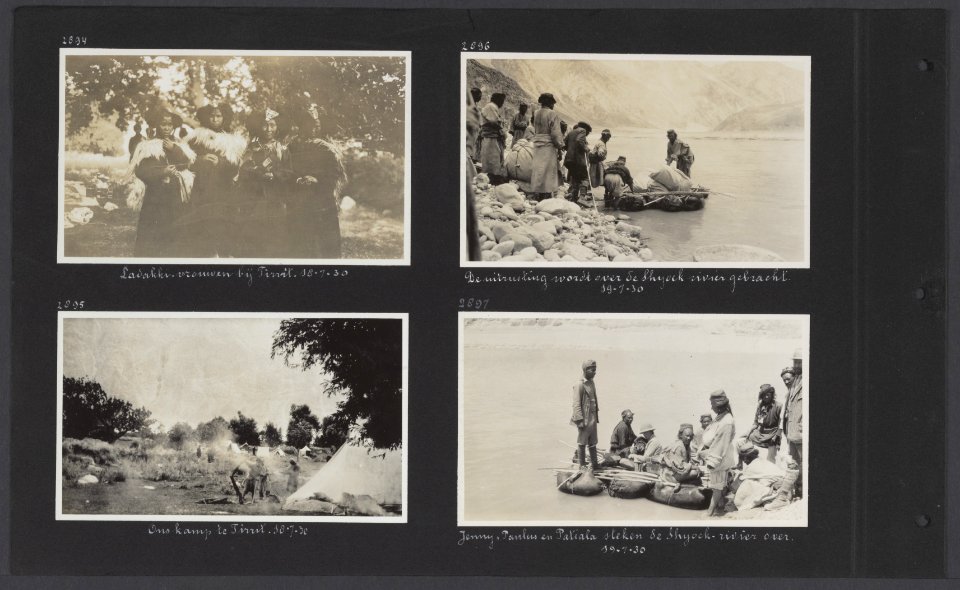 Albumblad met vier fotos. Linksboven Ladakki-vrouwen bij Tirrit linksonder h, Bestanddeelnr 34 54