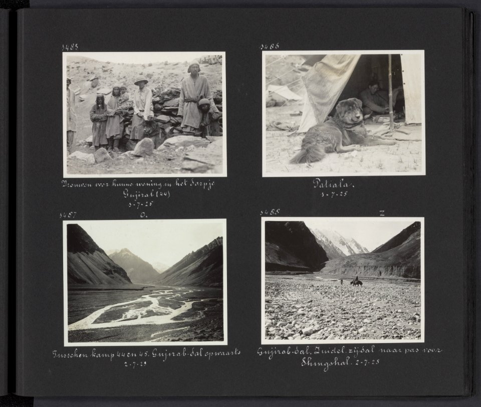 Albumblad met vier fotos. Linksboven Jenny Visser-Hooft met Patiala en enkele , Bestanddeelnr 28 45