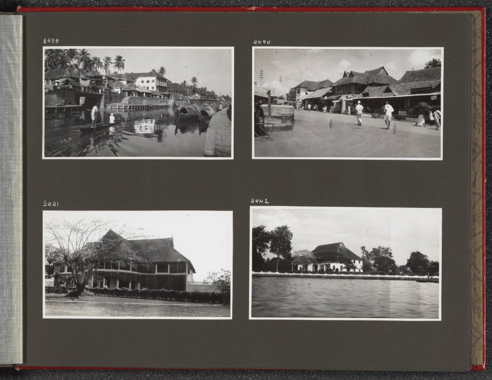 Albumblad met vier fotos. Linksboven kanaal met boten in een stadje. Rechtsbov, Bestanddeelnr 40 41