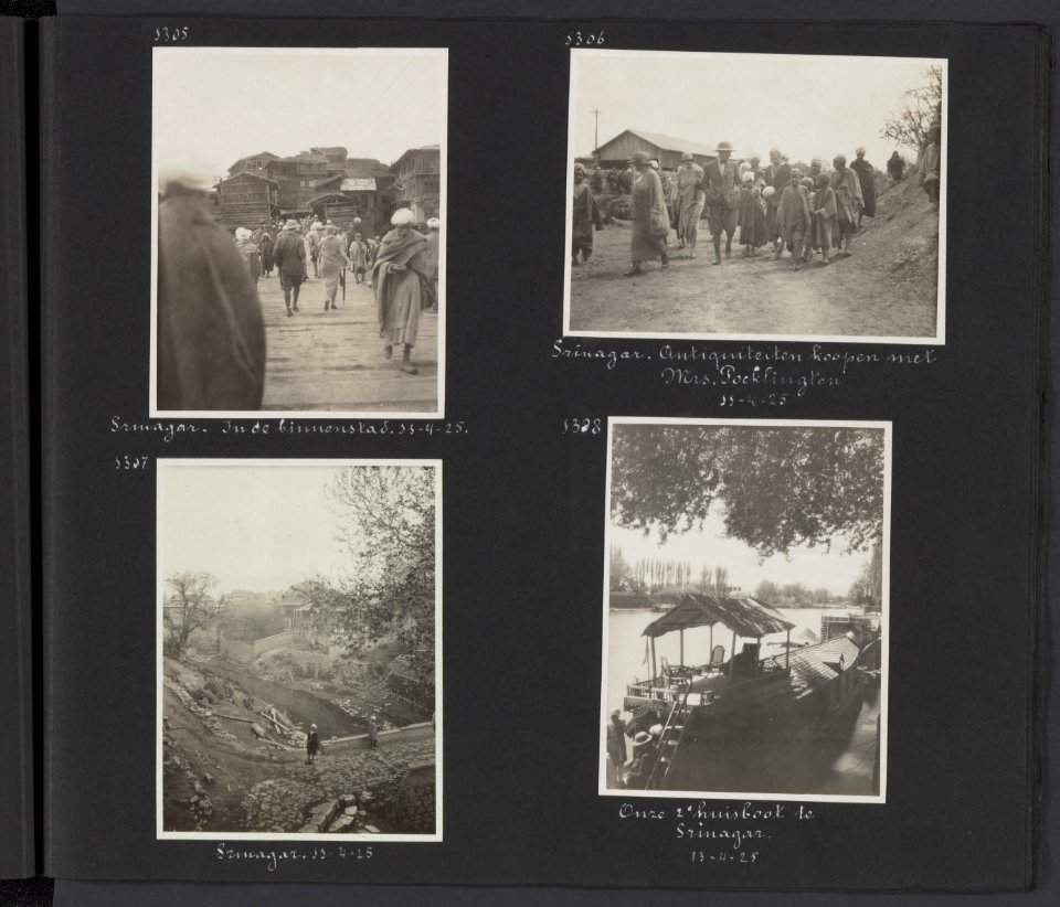 Albumblad met vier fotos. Linksboven in de binnenstad van Srinagar. Rechtsbove, Bestanddeelnr 27 55