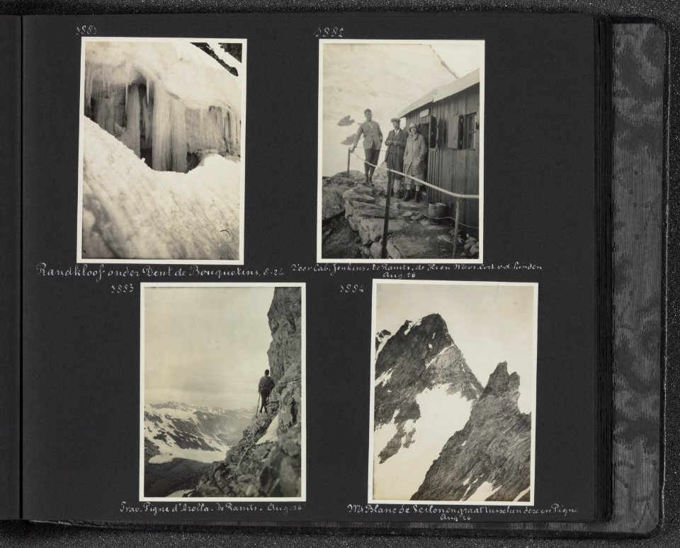 Albumblad met vier fotos. Linksboven Randkloof in de gletsjer onder de Dents d, Bestanddeelnr 30 41