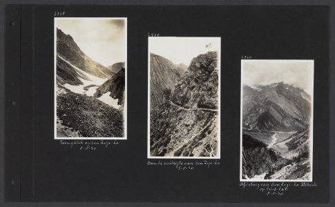 Albumblad met drie fotos. Links uitzicht op de Zoji-La midden aan de zuidzij, Bestanddeelnr 34 67