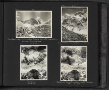 Albumblad met vier fotos. linksboven Op de Batura-gletsjer, uitzicht stroomopw, Bestanddeelnr 29 27