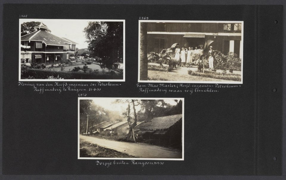 Albumblad met drie fotos. Linksboven de woning van de familie MacMaster, hoofd, Bestanddeelnr 34 76