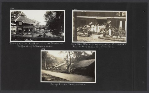 Albumblad met drie fotos. Linksboven de woning van de familie MacMaster, hoofd, Bestanddeelnr 34 76