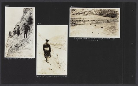 Albumblad met drie fotos. Links een deel van de expeditie in de bergen langs d, Bestanddeelnr 34 34