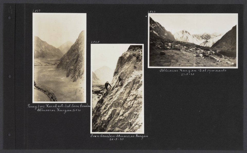 Albumblad met drie fotos. Links het Karakash-dal even beneden Alinazar-Kurgan, Bestanddeelnr 34 35