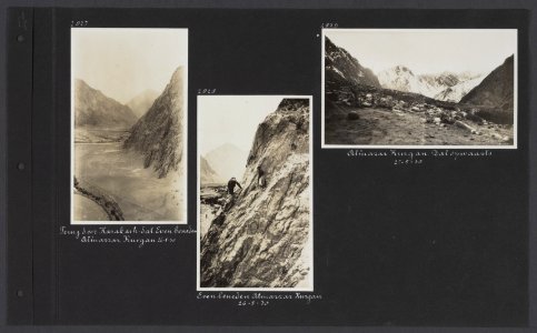 Albumblad met drie fotos. Links het Karakash-dal even beneden Alinazar-Kurgan, Bestanddeelnr 34 35