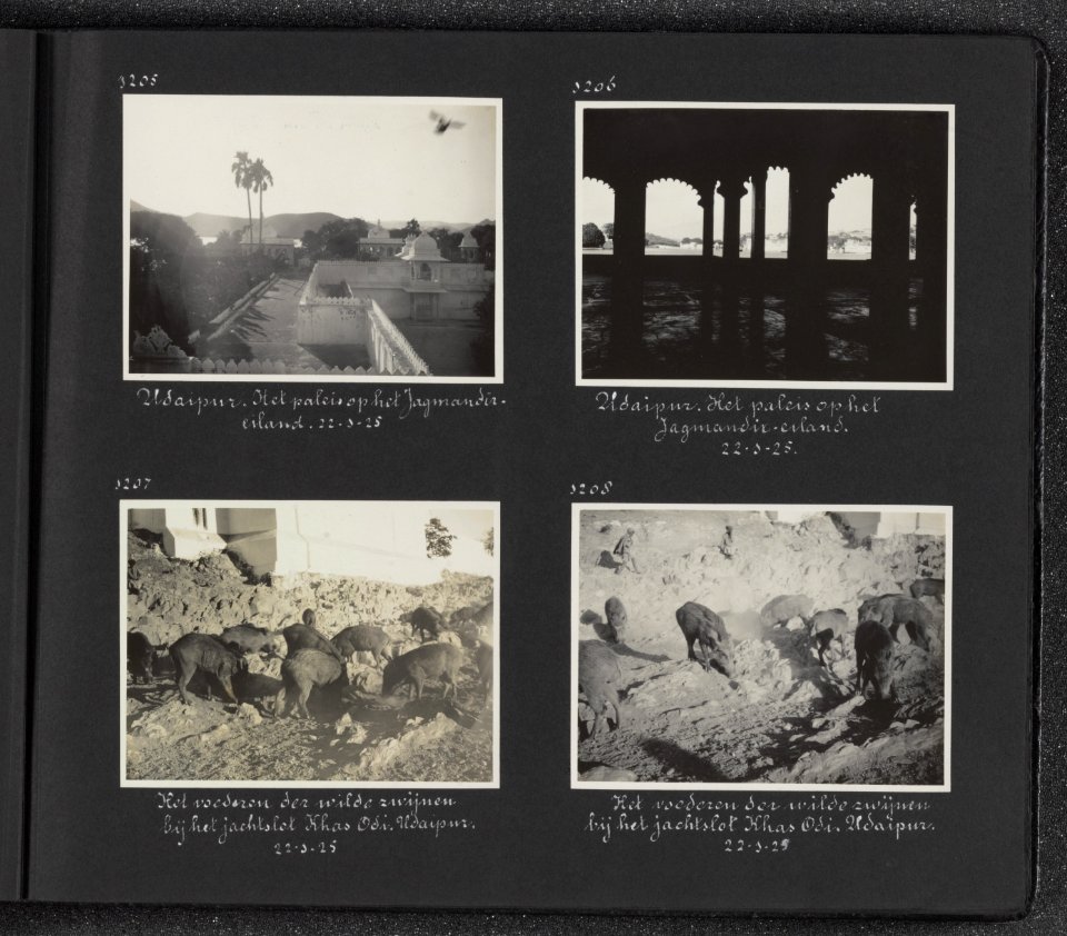 Albumblad met vier fotos. Linksboven het paleis op het Jagmandir eiland. Recht, Bestanddeelnr 27 05
