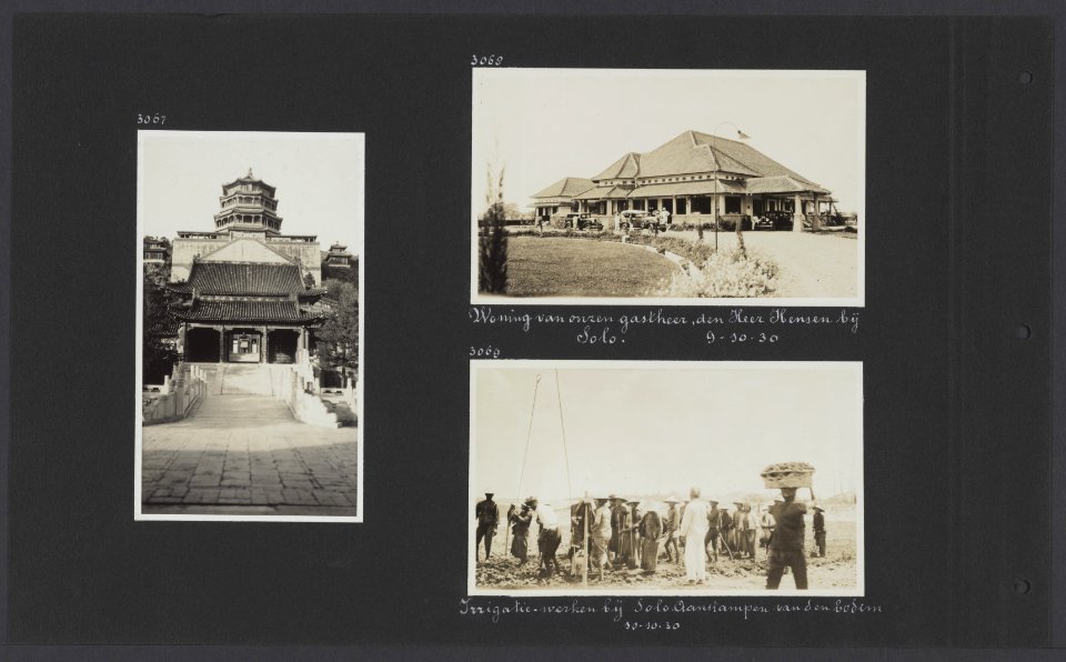 Albumblad met drie fotos. Links Chinese tempel bij Malang op Java rechtsboven, Bestanddeelnr 35 12
