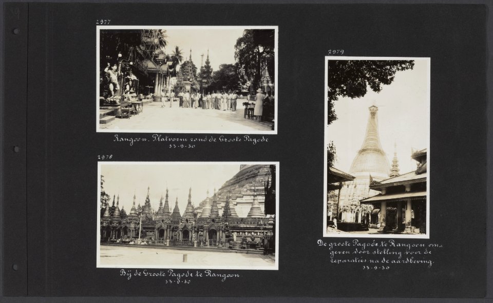 Albumblad met drie fotos. Linksboven Het platform van de grote pagode in Rango, Bestanddeelnr 34 79