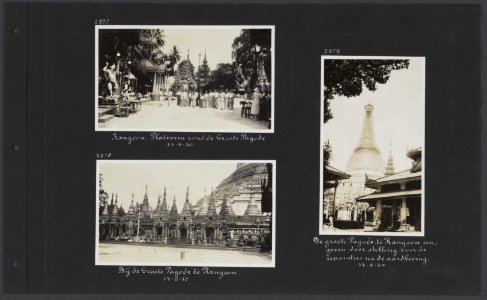Albumblad met drie fotos. Linksboven Het platform van de grote pagode in Rango, Bestanddeelnr 34 79
