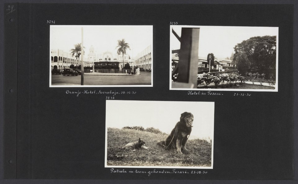 Albumblad met drie fotos. Linksboven het Oranjehotel in Surabaya (Java) recht, Bestanddeelnr 35 57