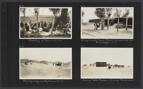 Albumblad met vier fotos. Linksboven marktdag in Guma linksonder woestijnweg, Bestanddeelnr 34 11