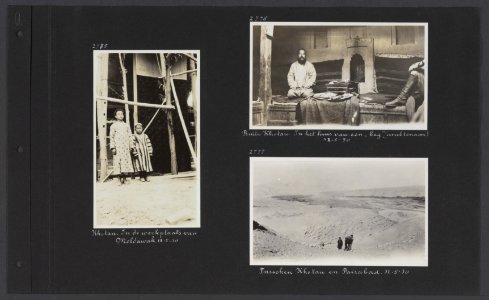 Albumblad met drie fotos. Links twee kinderen bij de tapijtweverij van Moldawa, Bestanddeelnr 34 19