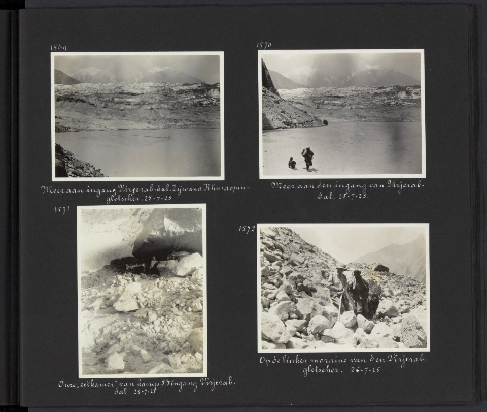 Albumblad met vier fotos. Linksboven meer aan de rand van de Khurdopin-gletsje, Bestanddeelnr 28 85