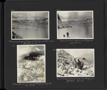 Albumblad met vier fotos. Linksboven meer aan de rand van de Khurdopin-gletsje, Bestanddeelnr 28 85