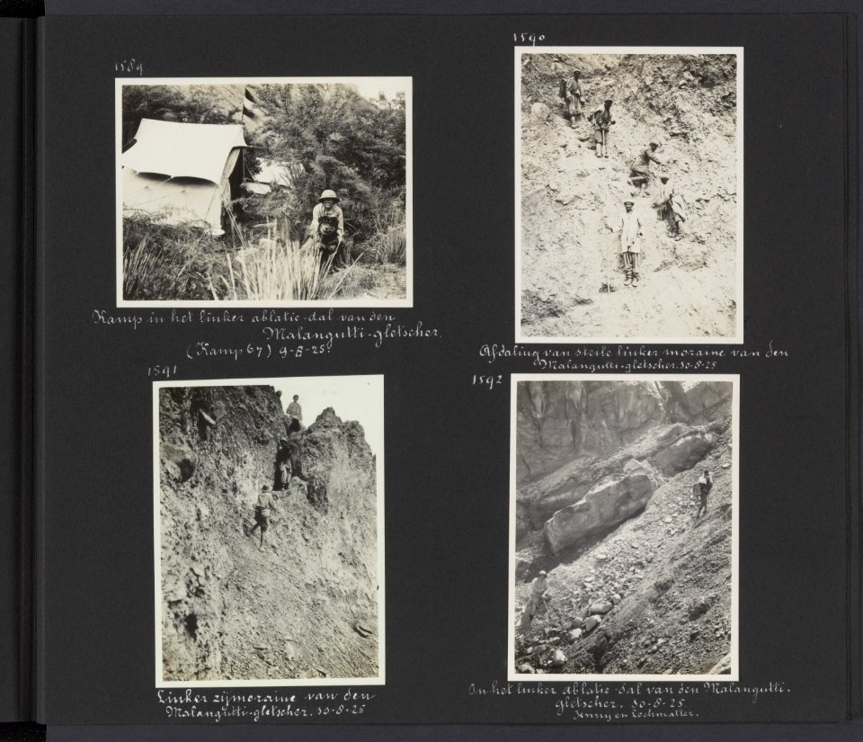 Albumblad met vier fotos. Linksboven kamp in het linker ablatiedal van de Mala, Bestanddeelnr 28 95