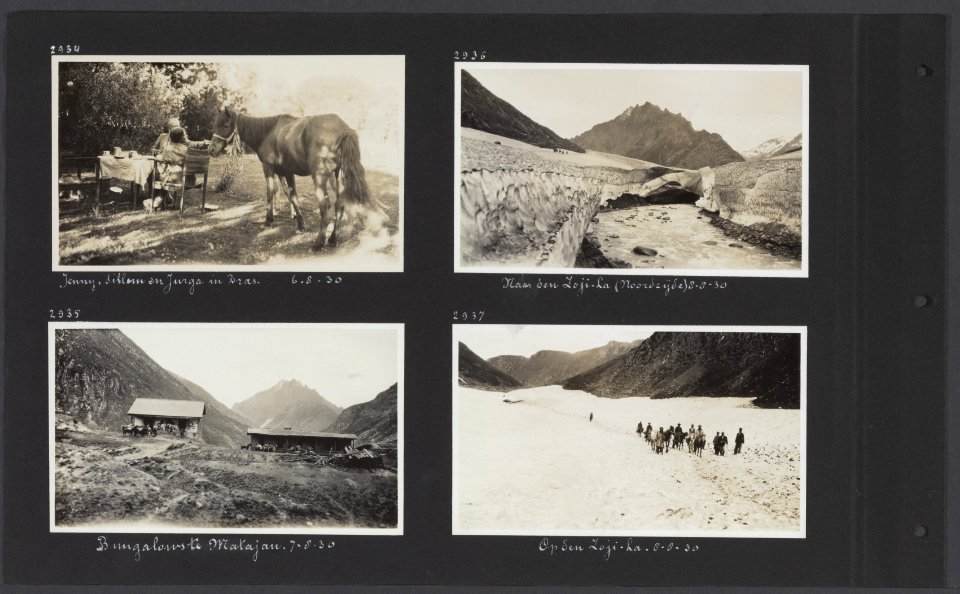 Albumblad met vier fotos. Linksboven Jenny Visser en expeditielid J.A. Sillem , Bestanddeelnr 34 66
