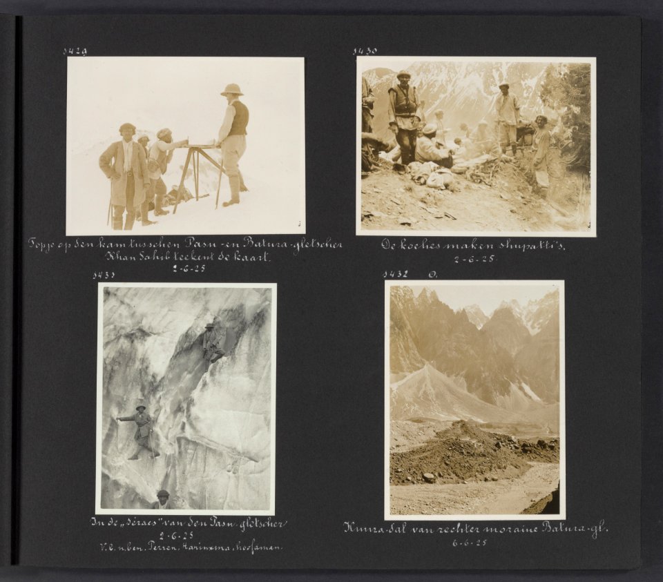 Albumblad met vier fotos. Linksboven Khan Sahib aan het werk op de Plain tabl, Bestanddeelnr 28 17