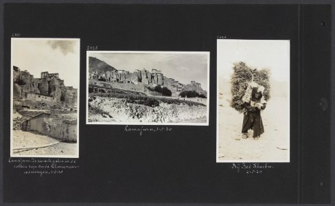 Albumblad met drie fotos. Links gezicht op Lamajuru met oude kluizenaarswoning, Bestanddeelnr 34 64