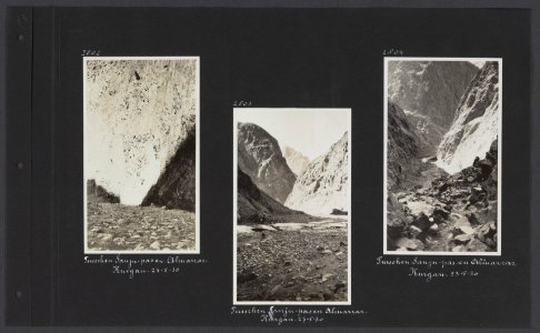 Albumblad met drie fotos van de pas tussen de Sanju-pas en Alinazar-Kurgan, Bestanddeelnr 34 27