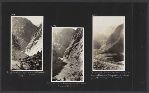 Albumblad met drie fotos. Links en midden de kloof tussen de Suget-pas en Alin, Bestanddeelnr 34 28