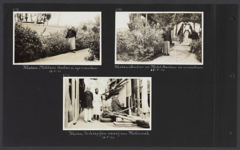 Albumblad met drie fotos. Linksboven de militaire Amban in zijn rozentuin in K, Bestanddeelnr 34 18