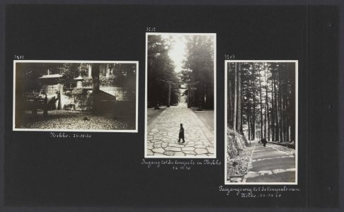Albumblad met drie foto's Links, midden en rechts tempels in Nikko in Japan, Bestanddeelnr 35 48