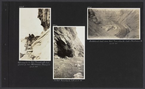 Albumblad met drie fotos. Links de expeditiedeelnemers dalen af naar het Karak, Bestanddeelnr 34 29
