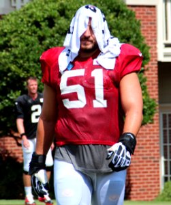 Alex Mack with towel over head, 2016