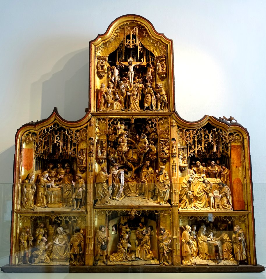Altar from l'Assomption Notre-Dame church at Pailhe, Anvers, c. 1510-1530, oak, polychrome - Cinquantenaire Museum - Brussels, Belgium - DSC08638