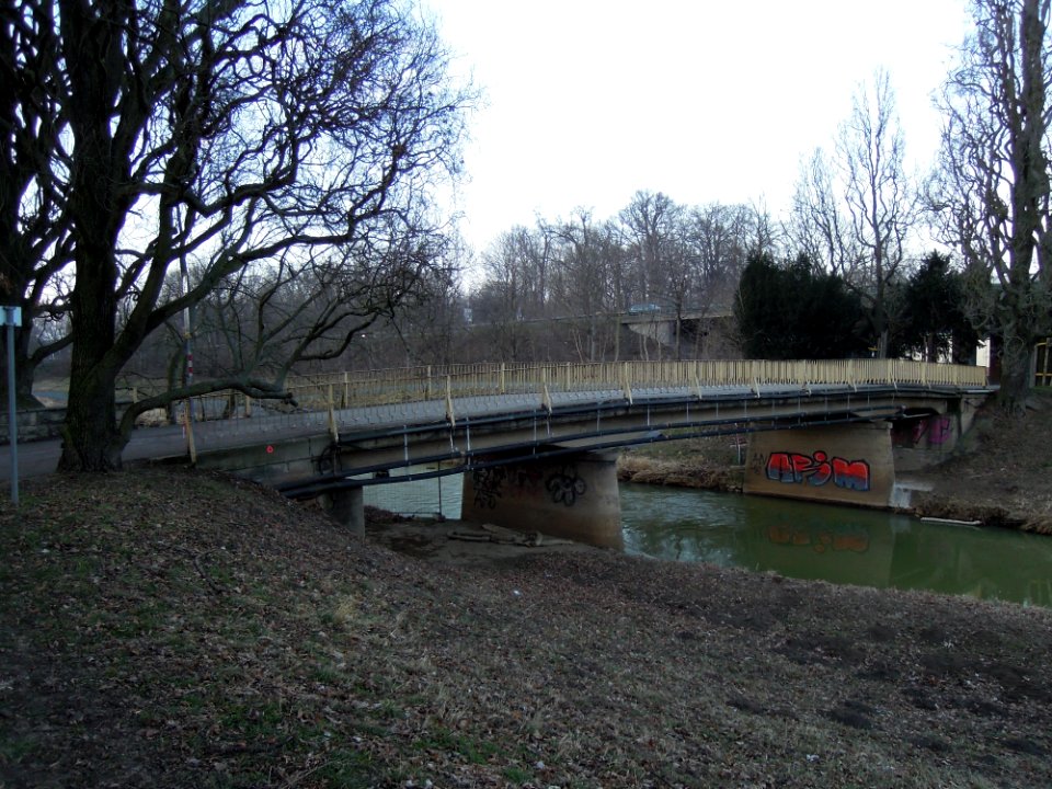 Alte Parkwegbrücke die zwischen Weißem Haus und Parkgaststätte die Pleiße quert Anfang März 2018