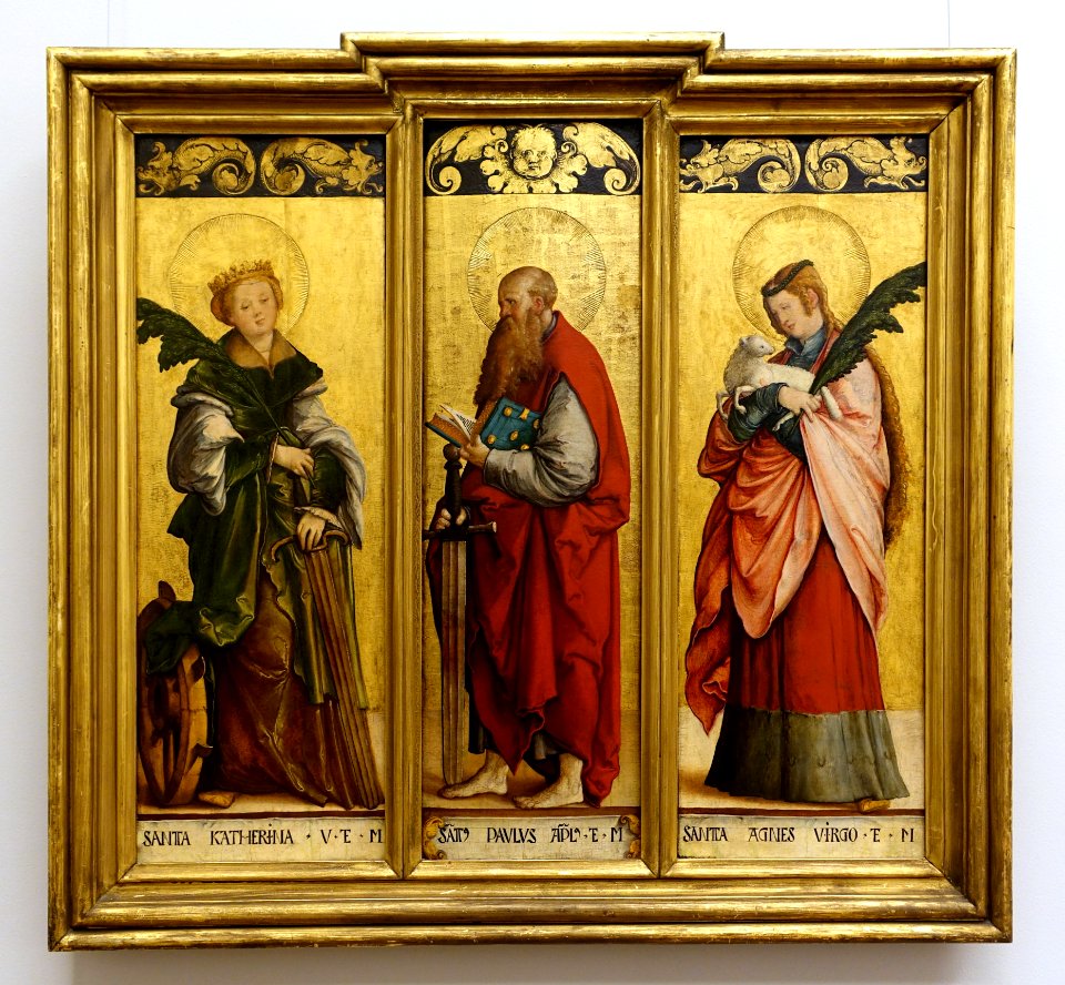 Altarpiece wings, St. Catherine, St. Agnes, and St. Paul, by the Meister von Messkirch, c. 1520-1530, spruce wood - Bode-Museum - DSC03286
