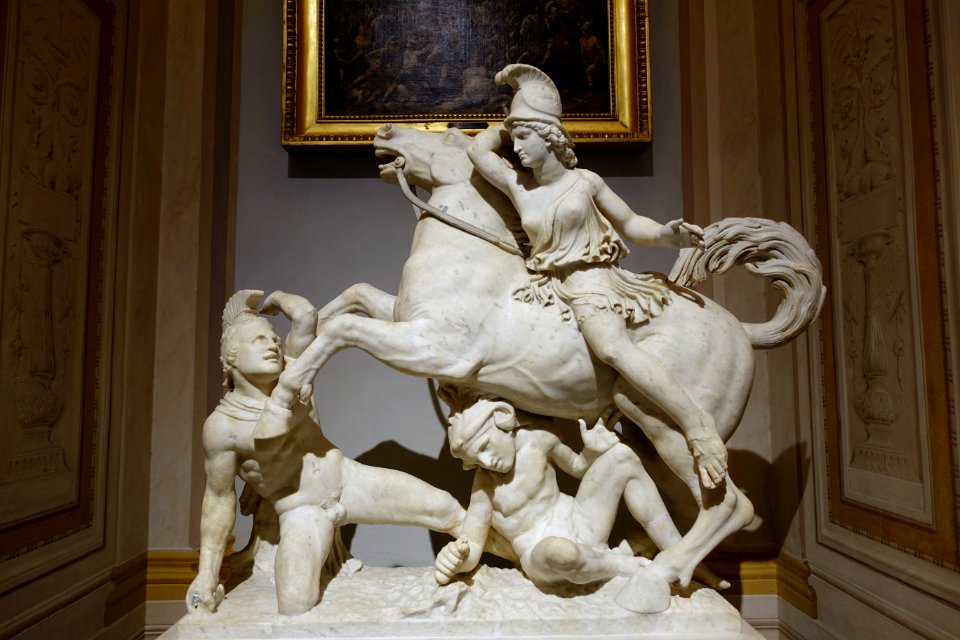 Amazon with barbarian and Greek, Roman, detail, c. 160 AD, marble - Galleria Borghese - Rome, Italy - DSC04659