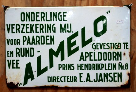 Almelo, onderlinge verzekering mij voor paarden en rundvee, emaille reklame bord