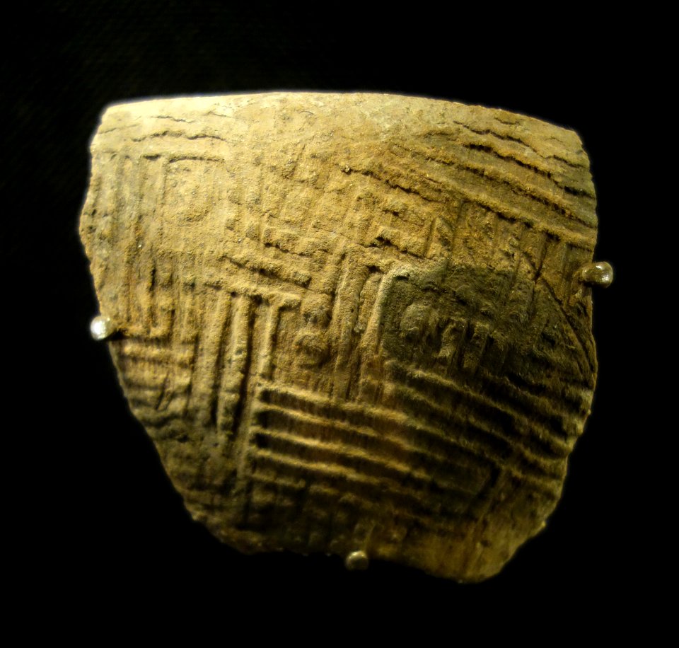 Altamaha line block complicated stamped sherd, Spanish Mission Period, AD 1580-1700, AMNH 208, surface - Fernbank Museum of Natural History - DSC00217