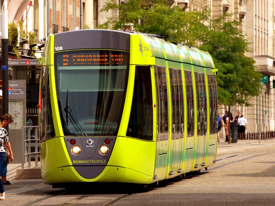 Alstom tram green wagon 108 of the Reimsmetropole