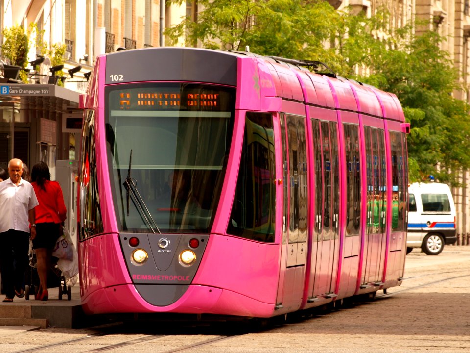 Alsrom tram pink wagon 102 of the Reimsmetropole