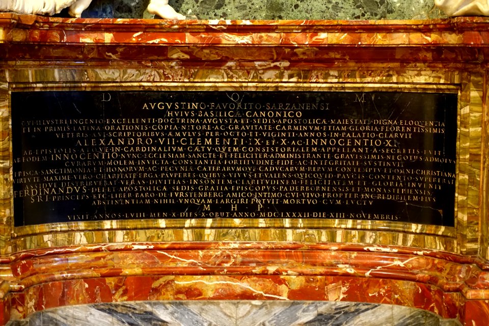 Augustino Favorito Sarzanensi inscription (Cardinal Agostino Favoriti), by Filippo Carcani, 1685 - Santa Maria Maggiore - Rome, Italy - DSC05736