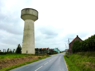 Auchy-aux-Bois (Pas-de-Calais) city limit sign and watertower