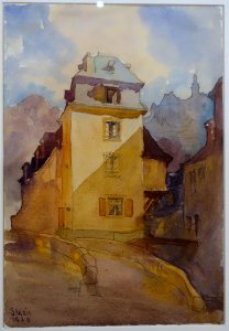 Au coin de la rue Plaetis et de la rue Sosthène Weis, Grund, by Sosthène Weis, 1928, aquarelle - Villa Vauban - Luxembourg City - DSC06378