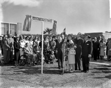 Audrey Hepburn onthult straatnaambordje in Doorn met Mell Ferrer. De onthulling , Bestanddeelnr 910-7183