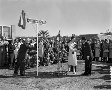 Audrey Hepburn onthult straatnaambordje in Doorn met Mell Ferrer. De onthulling , Bestanddeelnr 910-7184