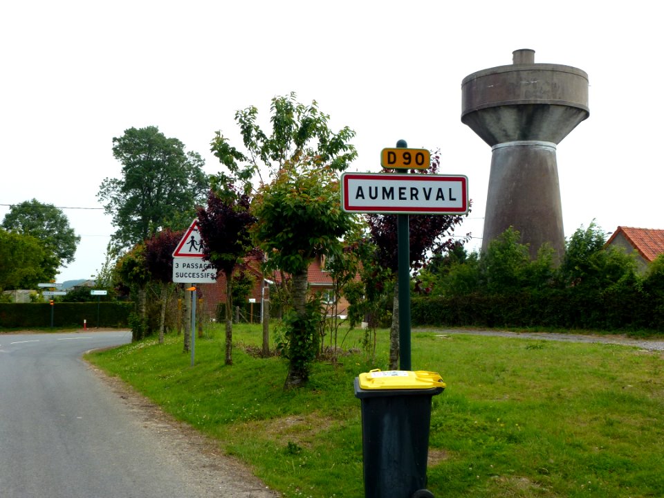 Aumerval (Pas-de-Calais, Fr) City limit sign and water tower